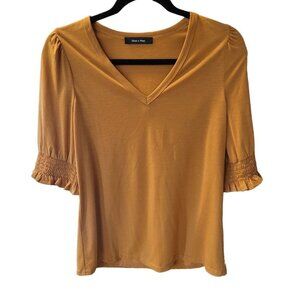 Doe & Rae Womens V-Neck Smocked 3/4 Sleeve Top Blouse Mustard small